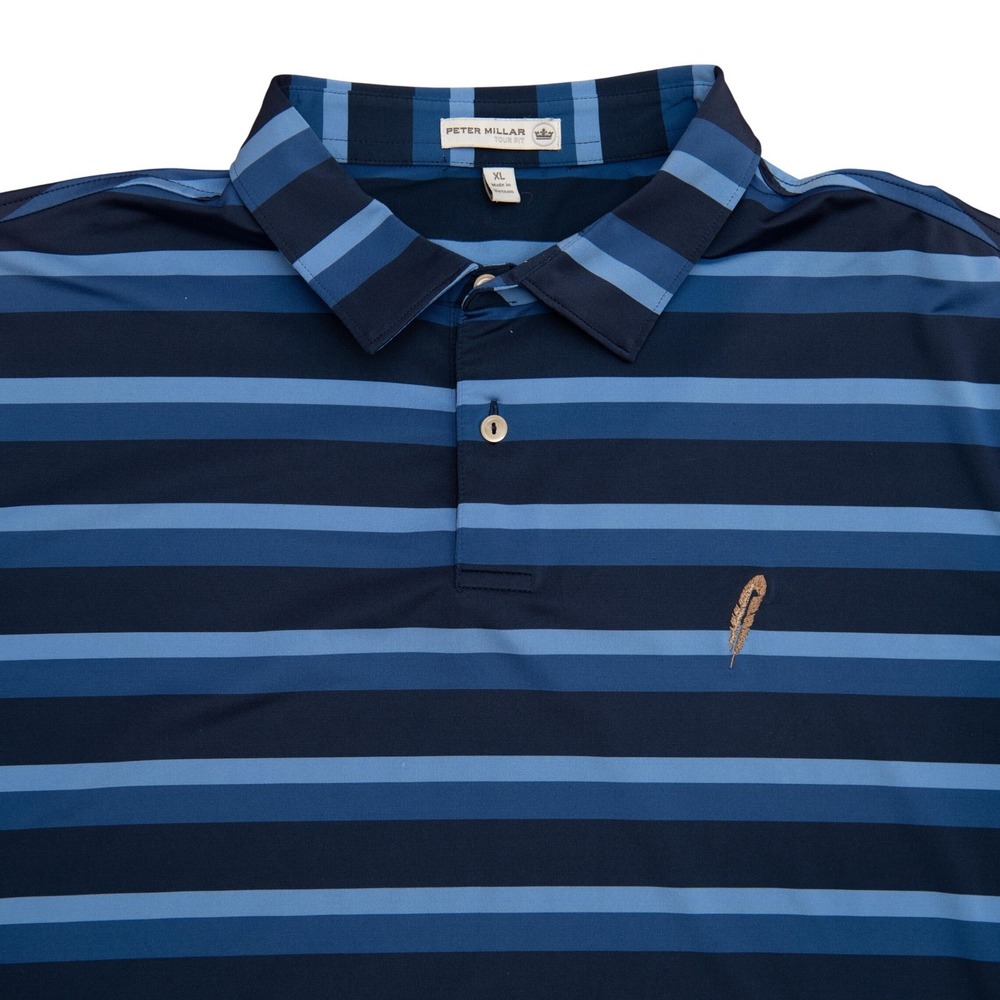 Peter Millar Tour Fit Mens XL Blue Striped Performance Golf Polo Feather Logo